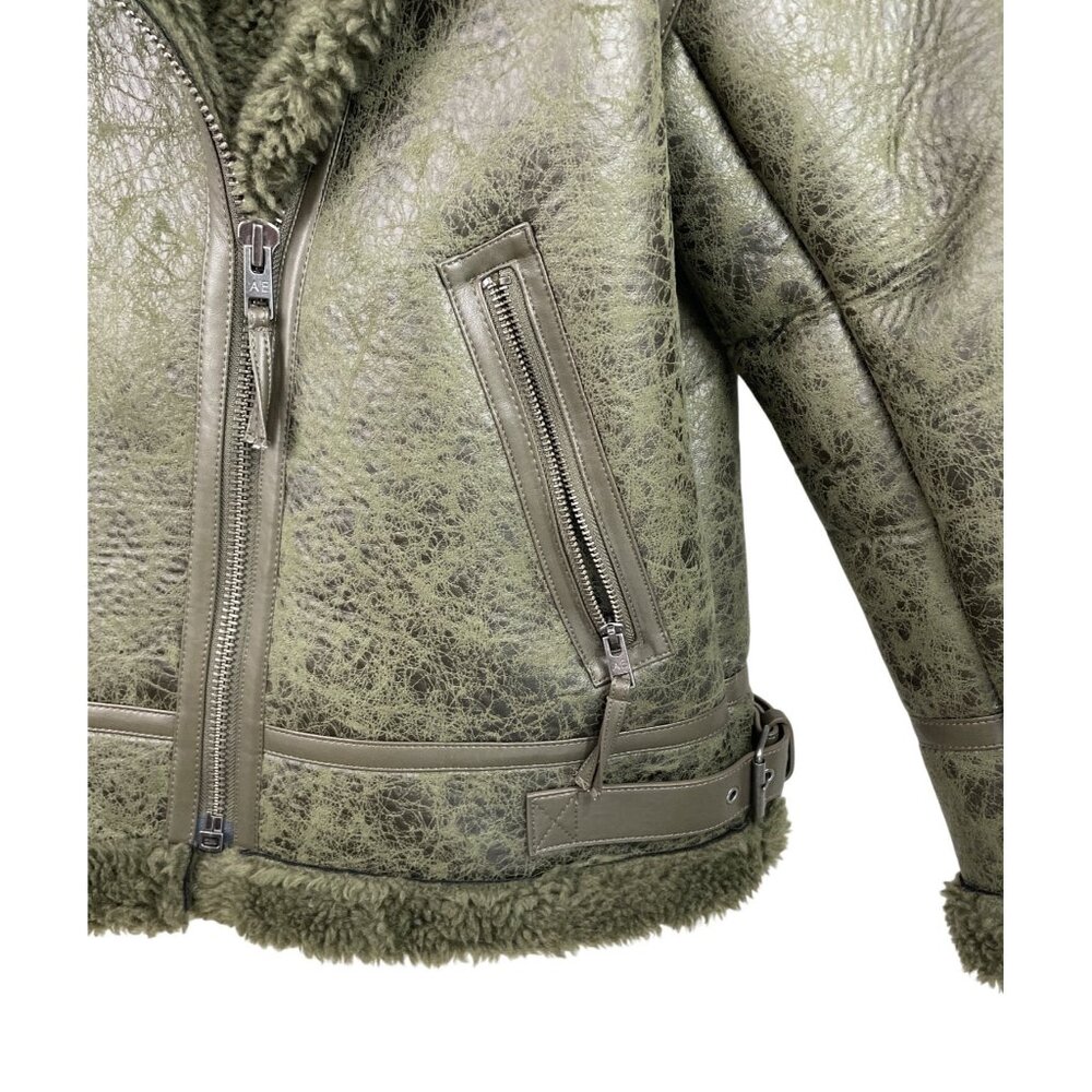 American Eagle Womens Olive Green Oversized Shearling Biker Jacket Size MEDIUM - Picture 3 of 10